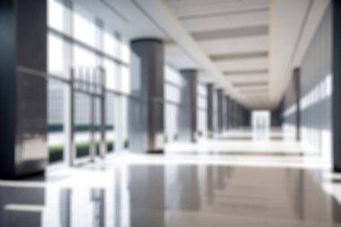 Blur background of empty entrance hall of modern public station or large convention center lobby . Contemporary beautiful office hallway with bright and clean composition
