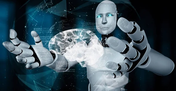 Hominoid Robot Holding Virtual Hologram Screen Showing Concept Brain Artificial — Fotografia de Stock