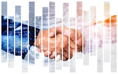 Ekonomik refah ve para teknolojisinin varlık geçmişi üzerine iş tokalaşması. Değerli borsaya yatırım yaparak ekonomik ve finansal büyüme ile refah kar birimi ticareti elde edilir