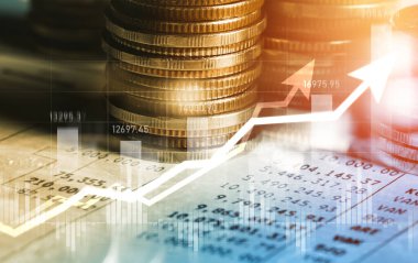 Finans ve para teknolojisi iş refahı ve varlık yönetimi kavramı. Yaratıcı grafik, refah karı elde etmek için değerli varlıklara yatırım yaparak ekonomi ve mali büyümeyi gösteriyor .