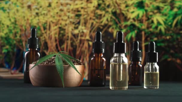 Legaliseerde Marihuana Producten Van Cannabisplant Hennepblad Cbd Olie Fles Van — Stockvideo