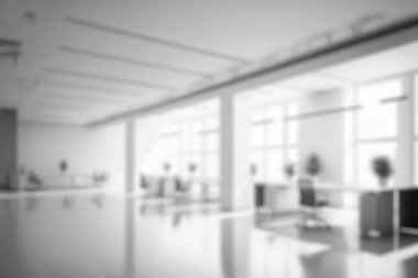 Blur background of empty modern office background . Workspace interior design white color . Clean and bright office gallery background