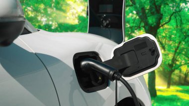 Yeşil Orman 'daki şarj istasyonundan gelen yenilenebilir ve temiz enerjiyle çalışan elektrikli araba çevresel bilincini artırmak için ilerleyen bir kampanya. Gelecekteki otomobiller için EV otomobil.