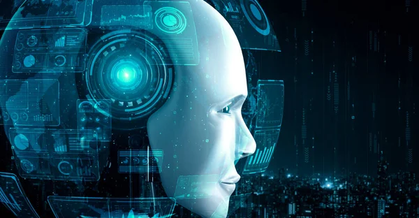 Robot hominoid face close up with graphic concept of AI thinking brain , artificial intelligence and machine learning process for the 4th fourth industrial revolution. 3D rendering
