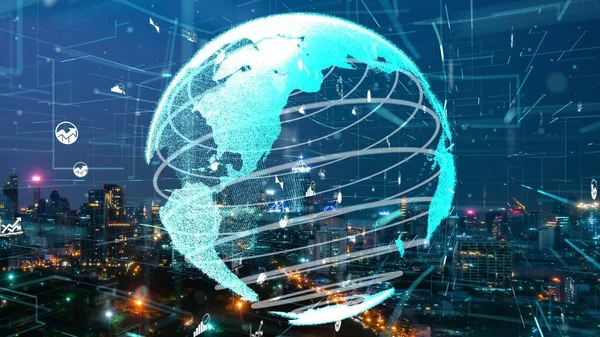 Globalne Połączenie Zmiana Sieci Internetowej Inteligentnym Mieście Koncepcja Przyszłego Bezprzewodowego — Zdjęcie stockowe