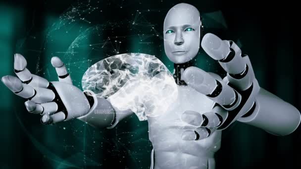 Hominoid Robot Holding Virtual Hologram Screen Showing Concept Brain Artificial — 图库视频影像