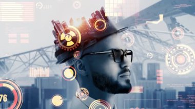 Gelecekteki bina inşaatı ve HUD hologram grafik tasarımı ile yaratıcı mühendislik projesi konsepti. İnşaat mühendisi, mimar ya da inşaat işçisi modern sivil teknoloji ile çalışıyor..