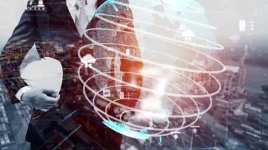 Gelecekteki bina inşaatı ve HUD hologram grafik tasarımı ile yaratıcı mühendislik projesi konsepti. İnşaat mühendisi, mimar ya da inşaat işçisi modern sivil teknoloji ile çalışıyor..