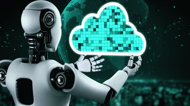Robot Huminoid Uses Cloud Computing Technology Store Data Online Server — Vídeo de Stock