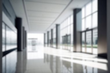 Blur background of empty entrance hall of modern public station or large convention center lobby . Contemporary beautiful office hallway with bright and clean composition