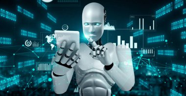 Future financial technology controll by AI robot huminoid uses machine learning and artificial intelligence to analyze business data and give advice on investment and trading decision . 3D rendering .