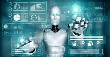 AI hominoid robot touching virtual hologram screen showing concept of big data analytic using artificial intelligence thinking by machine learning process. 3D rendering.