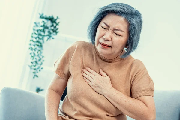 Agonizing Elderly Woman Experiencing Chest Pain Medical Attention Senior Care — Fotografia de Stock