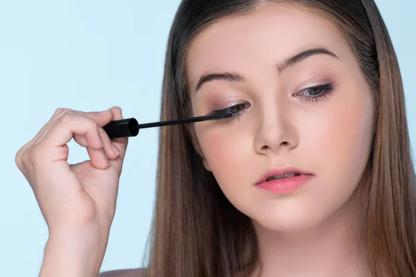 Closeup Portrait Young Charming Applying Makeup Eyeshadow Her Face Brush — Fotografia de Stock