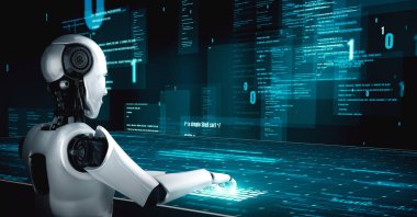 Futuristic robot artificial intelligence huminoid AI programming coding technology development and machine learning concept. Robotic bionic science research for future of human life. 3D rendering.