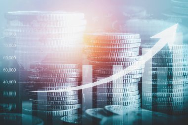 Finans ve para teknolojisi iş refahı ve varlık yönetimi kavramı. Yaratıcı grafik, refah karı elde etmek için değerli varlıklara yatırım yaparak ekonomi ve mali büyümeyi gösteriyor .