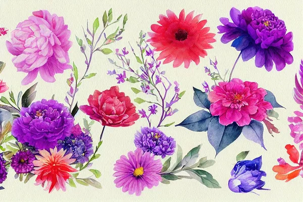 花束集水彩画设计为一体 春夏花型自然 手绘水彩画风格 数码艺术3D插图 — 图库照片