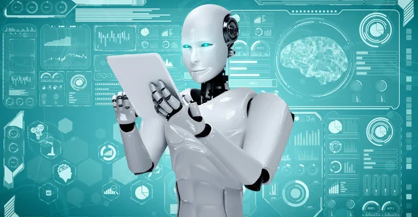 Robot Humanoid Táblagépet Használ Nagy Adatelemző Gondolkodás Agy Mesterséges Intelligencia — Stock Fotó