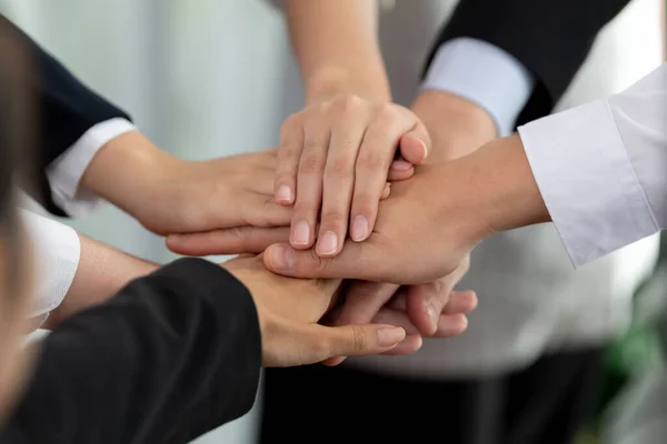 Top View Closeup Business Team Suit Clad Businesspeople Join Hand — Stock fotografie