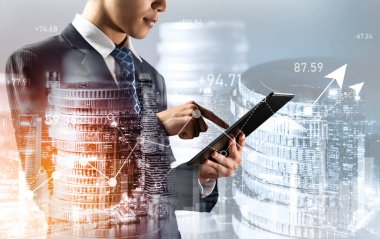 Businessman analyst working with digital finance business data graph showing technology of investment strategy for perceptive financial business decision. Digital economic analysis technology concept.