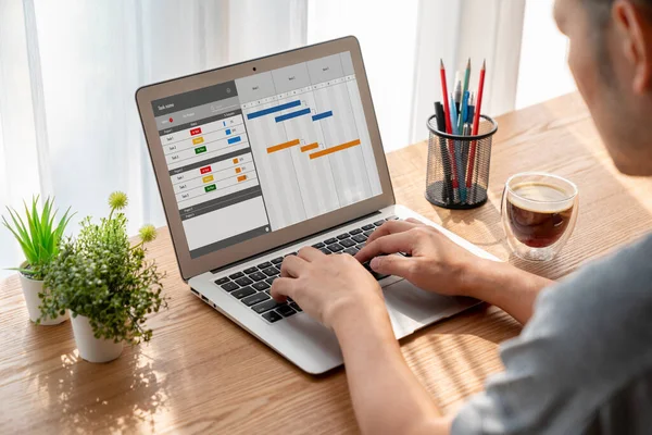 stock image Project planning software for modish business project management on the computer screen showing timeline chart of the team project