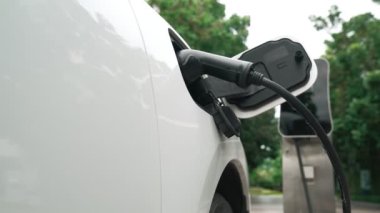 Elektrikli araba parkı ve şarj istasyonunun yanında şarj edilen enerji konseptinin sürdürülebilirliği. Çevresel koruma için yenilenebilir enerji tarafından kullanılan elektrikli araç.