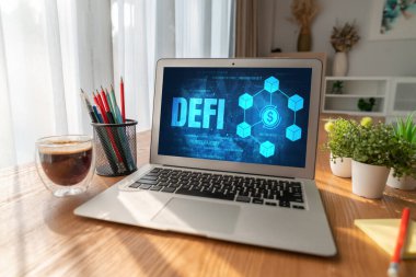 Model bilgisayar ekranında merkezi olmayan finans veya DeFi kavramı. Defi sistemi yeni yatırım ve tasarruf seçenekleri sunuyor .