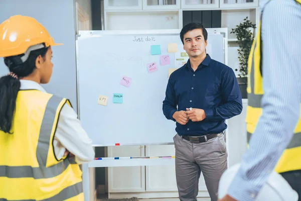 A team of investor and competent engineers brainstorming on the whiteboard to find new ideas and making plans. The idea of a team gather ideas together.