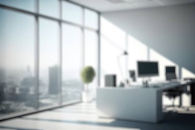 Blur background of empty modern office background in city center . Workspace interior design . Clean and bright office gallery background