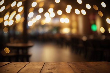 Empty wood table for product display in blur background of admirable restaurant at night