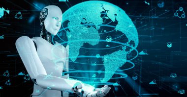 Future financial technology controll by AI robot huminoid uses machine learning and artificial intelligence to analyze business data and give advice on investment and trading decision . 3D rendering .