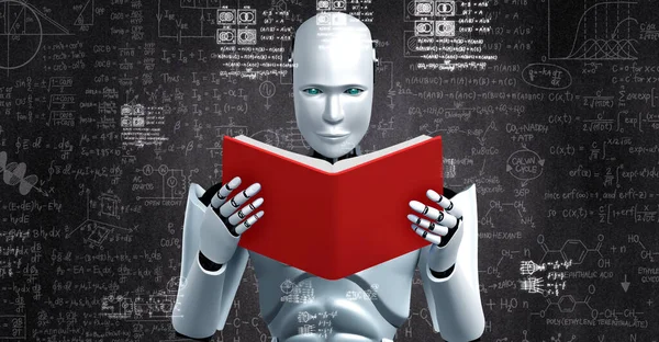 Weergave Van Robot Hominoïde Lezen Boek Het Oplossen Van Wiskunde — Stockfoto