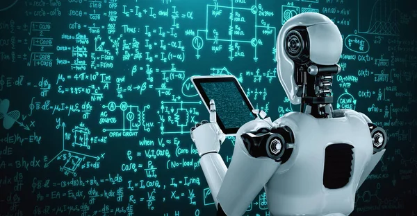 Robot Hominoid Using Tablet Computer Engineering Science Studying Using Thinking — Stock Photo, Image