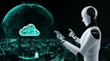 AI robot huminoid uses cloud computing technology to store data on online server . Futuristic concept of cloud information storage analyzed by machine learning process . 3D rendering .