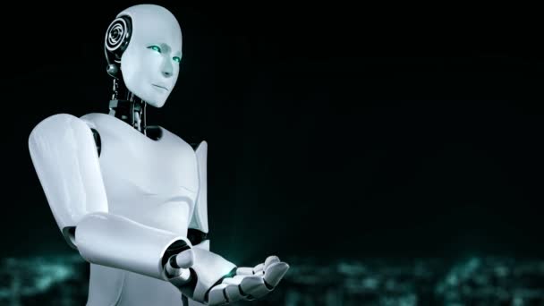 Hominoid Robot Holding Virtual Hologram Screen Showing Concept Brain Artificial — Vídeos de Stock