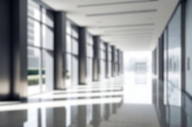 Blur background of empty entrance hall of modern public station or large convention center lobby . Contemporary beautiful office hallway with bright and clean composition