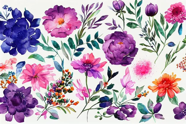Flower Bouquet Set Watercolor Pieces Artwork Design Spring Summer Flower — Stock Photo, Image
