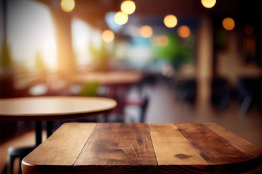 Empty wood table for product display in blur background of admirable restaurant at night