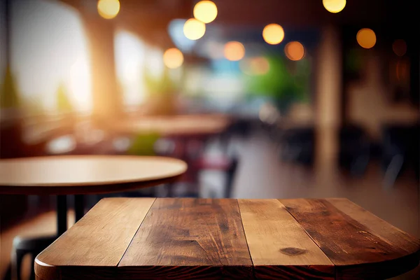 Empty Wood Table Product Display Blur Background Admirable Restaurant Night — ストック写真