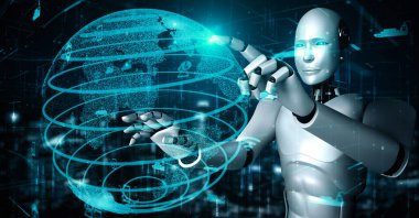 Futuristic robot artificial intelligence huminoid AI transportation analytic technology development and machine learning concept. Global robotic science research for future of human . 3D rendering.