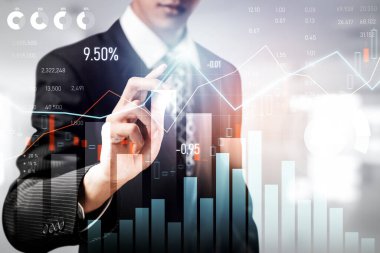 Businessman analyst working with digital finance business data graph showing technology of investment strategy for perceptive financial business decision. Digital economic analysis technology concept.