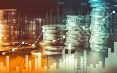 Finans ve para teknolojisi iş refahı ve varlık yönetimi kavramı. Yaratıcı grafik, refah karı elde etmek için değerli varlıklara yatırım yaparak ekonomi ve mali büyümeyi gösteriyor .