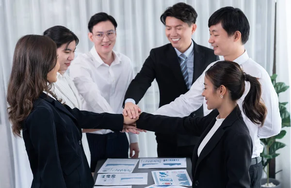 Closeup Business Team Suit Clad Businessmen Women Join Hand Stack — Photo
