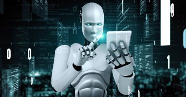 Futuristic robot artificial intelligence huminoid AI programming coding technology development and machine learning concept. Robotic bionic science research for future of human life. 3D rendering.