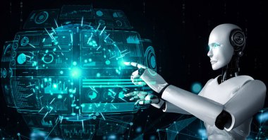AI hominoid robot touching virtual hologram screen showing concept of big data analytic using artificial intelligence thinking by machine learning process. 3D rendering.