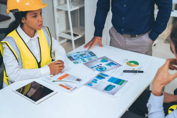 Engineers Competent Employer Discussing Plans Blueprints Together Tablet Office Concept — Fotografia de Stock