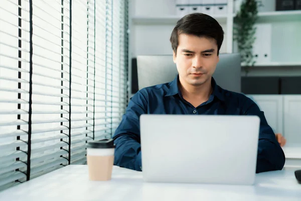 Competent Male Employee Sits His Desk Cup Coffee Modern Employee — Fotografia de Stock