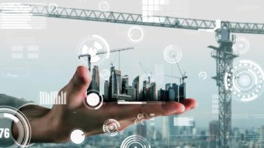 Yenilikçi mimari ve yaratıcı inşaat mühendisliği inşaat projesi. Mimar, işçi ve mühendis tarafından yapılan yaratıcı grafik tasarımı altyapı şehir binası kavramını gösteriyor.