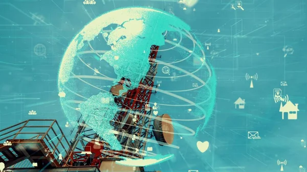 Wieża Telekomunikacyjna Grafiką Globalnej Zmiany Biznesowej Commerce Przeciwko Błękitnemu Niebu — Zdjęcie stockowe