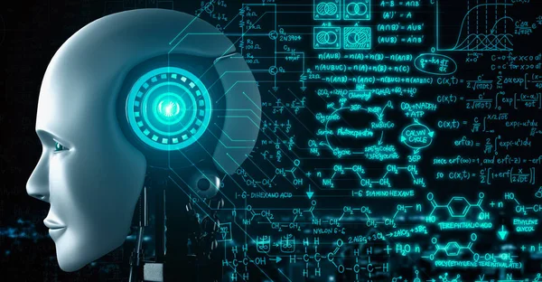 Робот Гуманоид Сталкивается Графической Концепцией Инженерных Наук Изучаемой Искусственным Интеллектом — стоковое фото